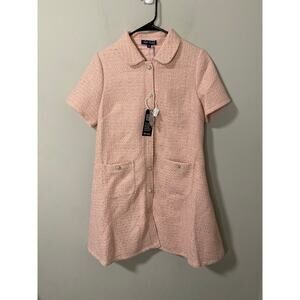 NWT Trish Scully Helena Tweed Mini Dress Pink Pearl Button M
